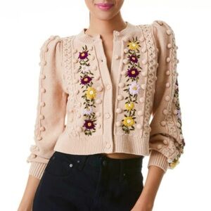 ALICE + OLIVIA Kitty Floral Embroidered Puff Sleeve Cardigan SIZE M